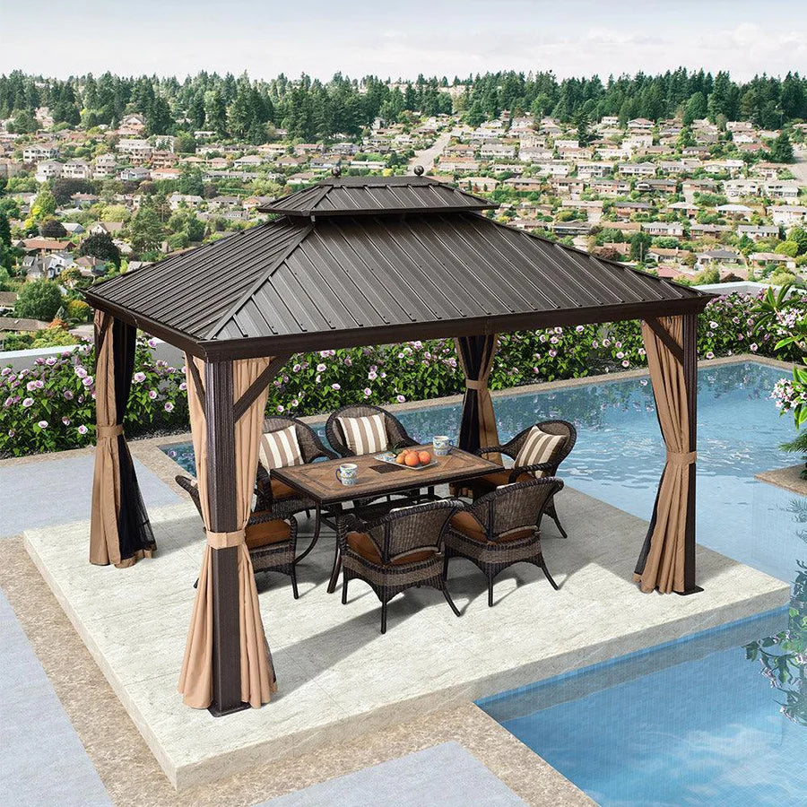 Outdoor Hardtop Gazebo for Garden Bronze Double Roof Aluminum Frame Pavilion 10' x 12'