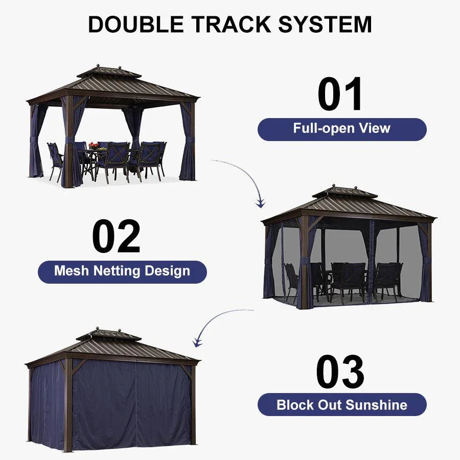 Outdoor Hardtop Gazebo for Patio Bronze Aluminum Frame Pavilion with Navy-Blue Curtain 10' x 14'