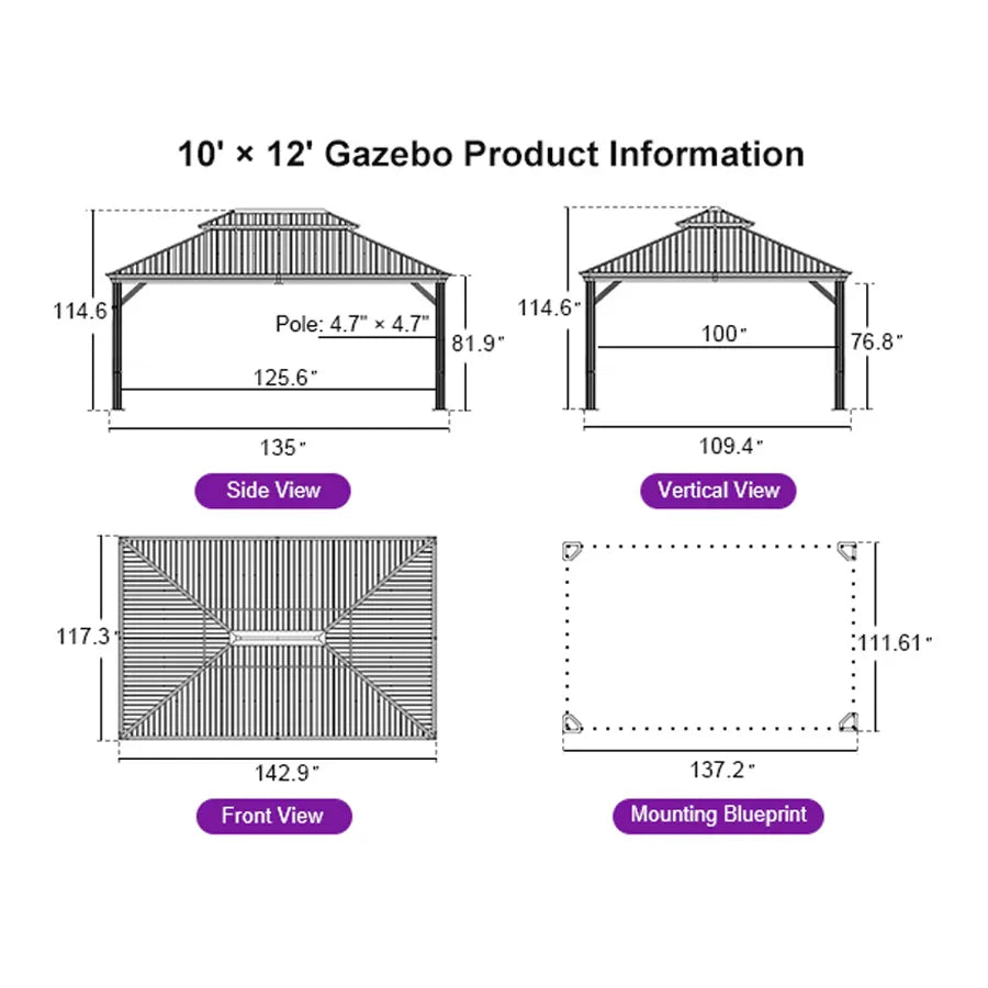 Hardtop Gazebo for Patio Wood Grain Galvanized Steel Frame Awning with Netting 10' x 12'