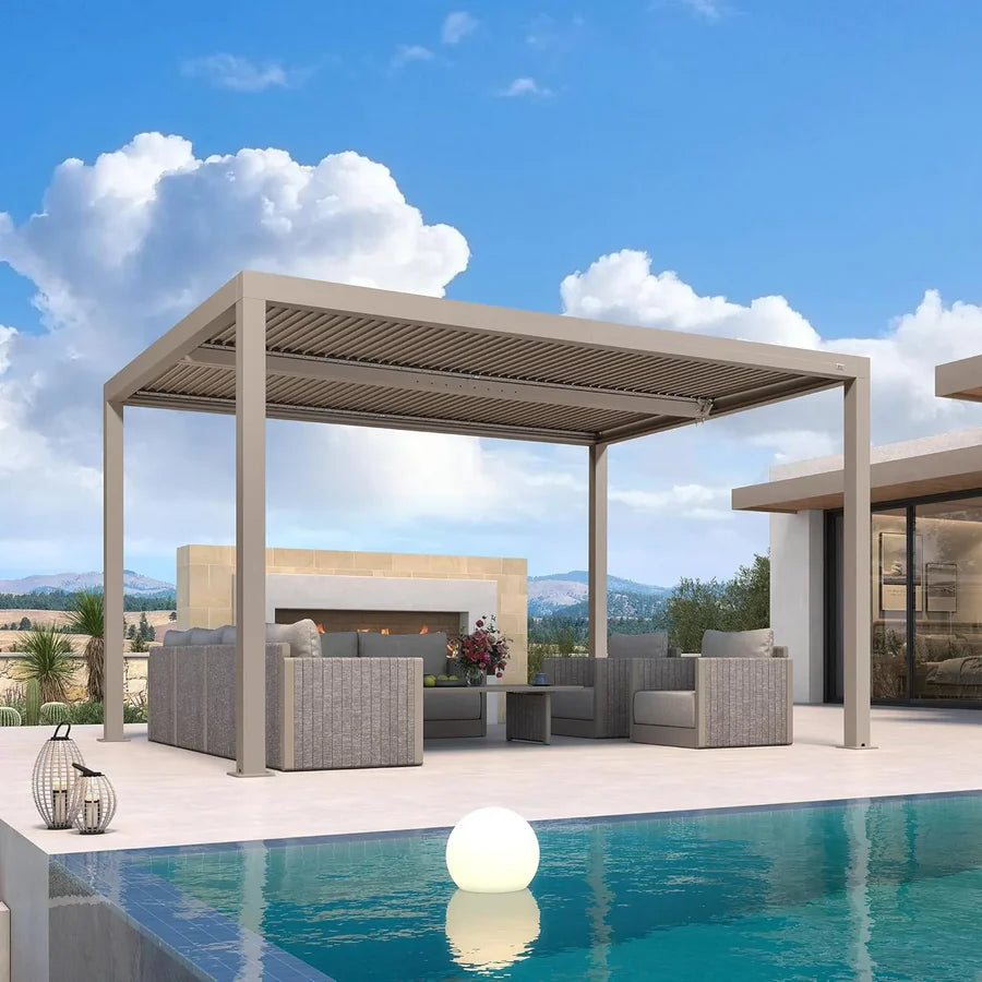 Modern Champagne Pergola with Adjustable Roof for Deck Backyard Garden 10' x 13'