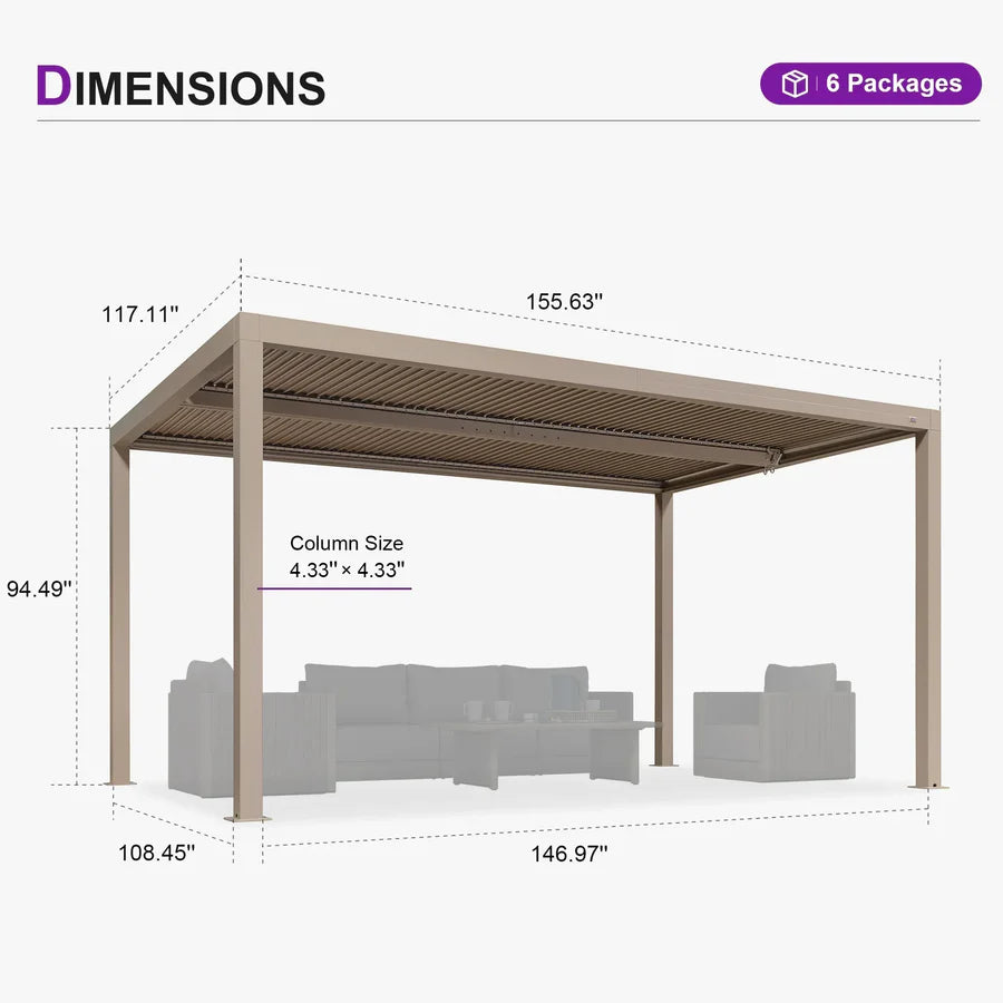 Modern Champagne Pergola with Adjustable Roof for Deck Backyard Garden 10' x 13'