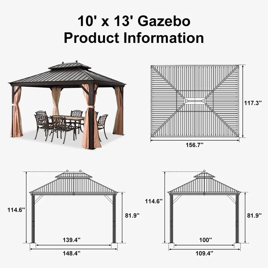 Outdoor Hardtop Gazebo for Garden Bronze Double Roof Aluminum Frame Pavilion 10' x 13'