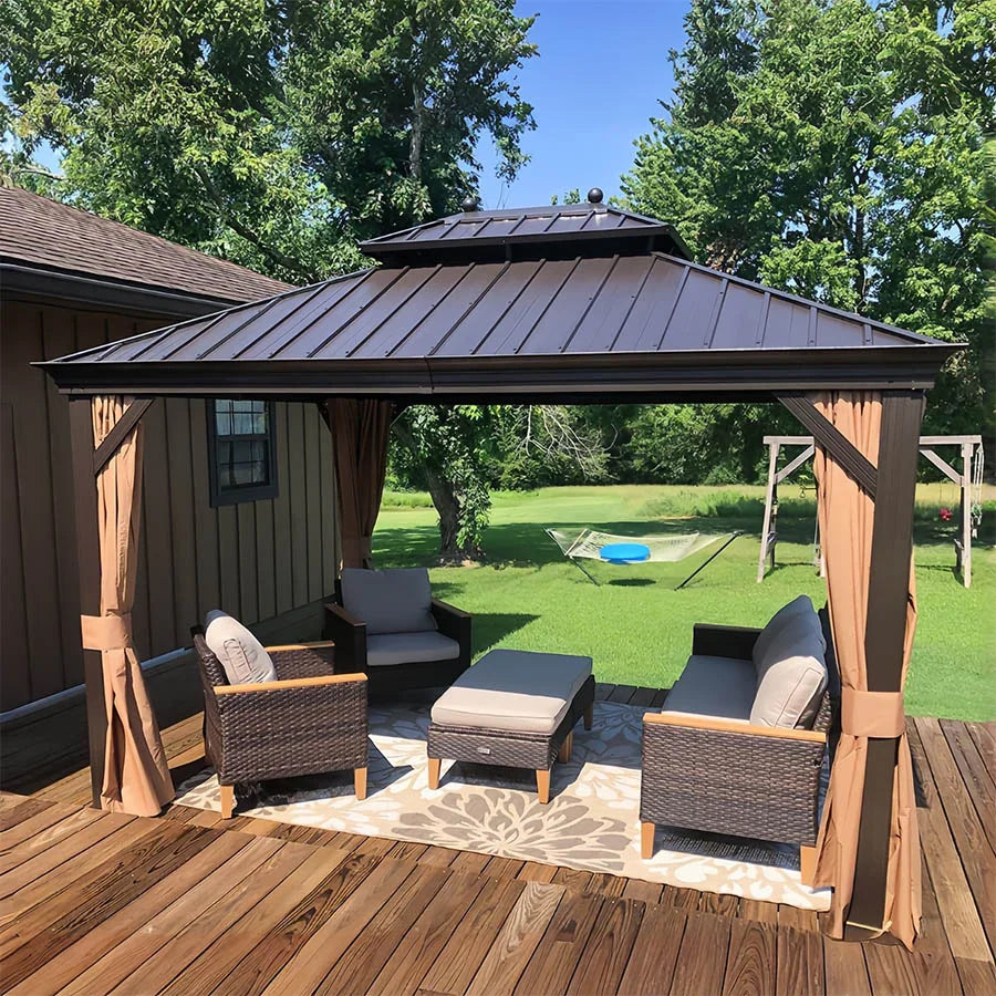 Outdoor Hardtop Gazebo for Garden Bronze Double Roof Aluminum Frame Pavilion 10' x 14'