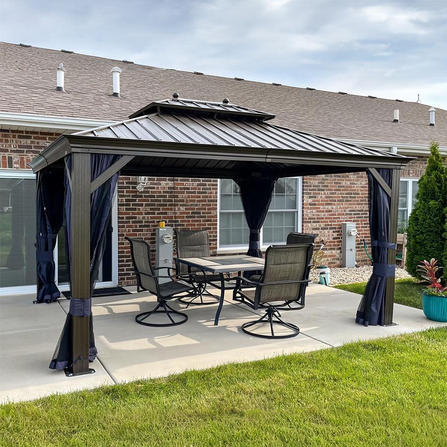 Outdoor Hardtop Gazebo for Patio Bronze Aluminum Frame Pavilion with Navy-Blue Curtain 10' x 14'