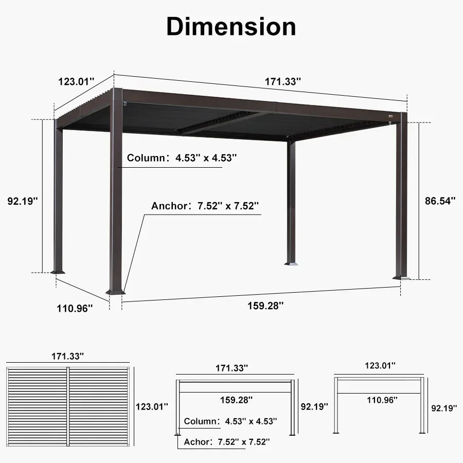 Modern Bronze Patio Aluminum Pergola for Deck Backyard Garden Hardtop Gazebo 10' x 14'