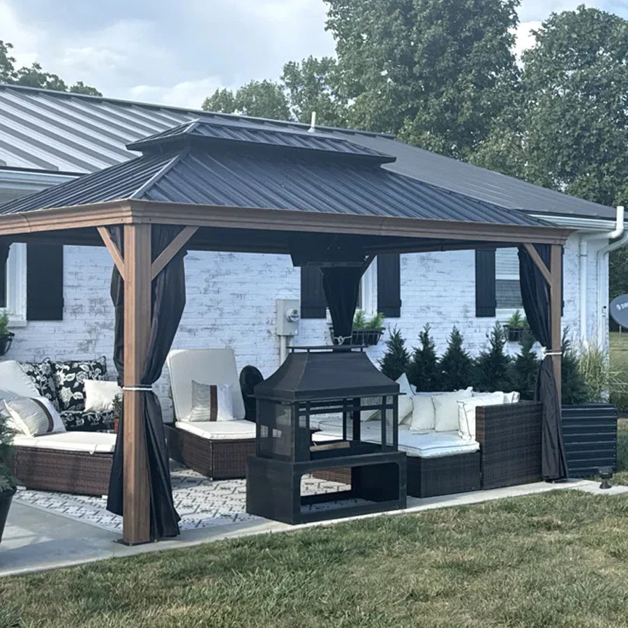 Hardtop Gazebo for Patio Wood Grain Galvanized Steel Frame Awning with Netting 10' x 14'