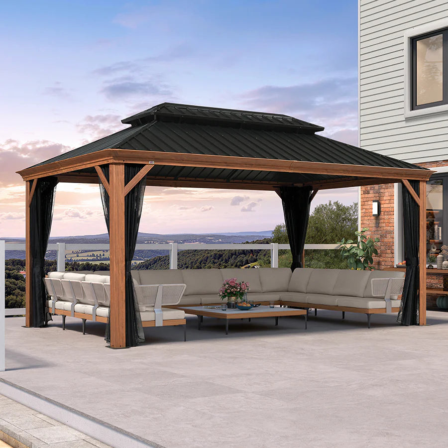 Hardtop Gazebo for Patio Wood Grain Galvanized Steel Frame Awning with Netting 10' x 16'