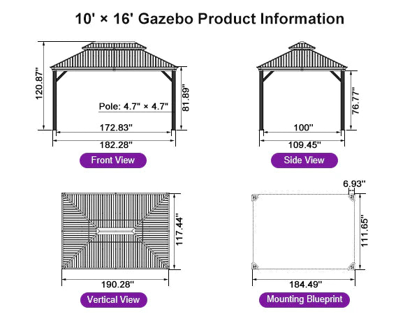 Hardtop Gazebo for Patio Wood Grain Galvanized Steel Frame Awning with Netting 10' x 16'