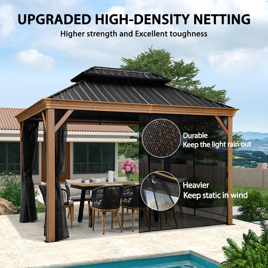 Hardtop Gazebo for Patio Wood Grain Galvanized Steel Frame Awning with Netting 10' x 12'