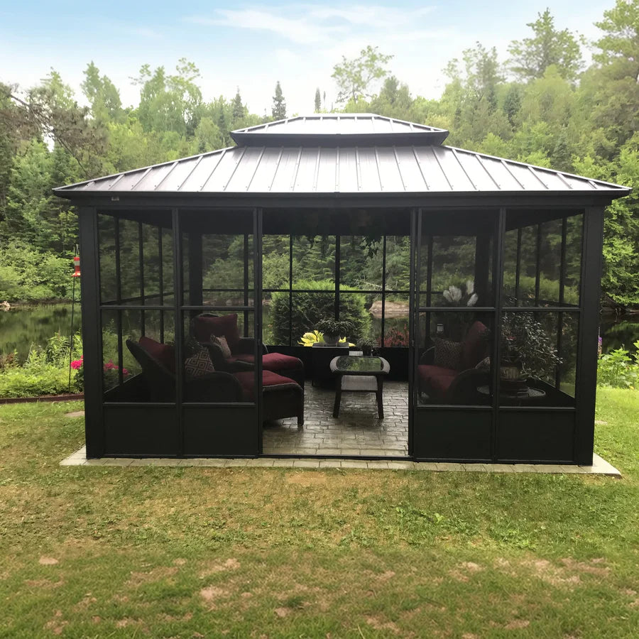 Sunroom Hardtop Gazebo Solarium Grey Galvanized Steel Double Roof All-Weather Aluminum Outdoor Screen House 12' x 14'