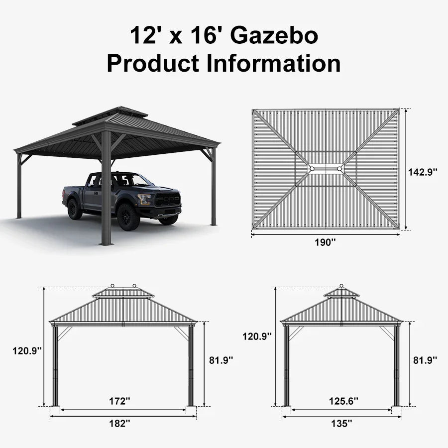 Outdoor Metal Carport with Grey Steel Roof and Aluminum Frame Protective Shelter 12' x 16'