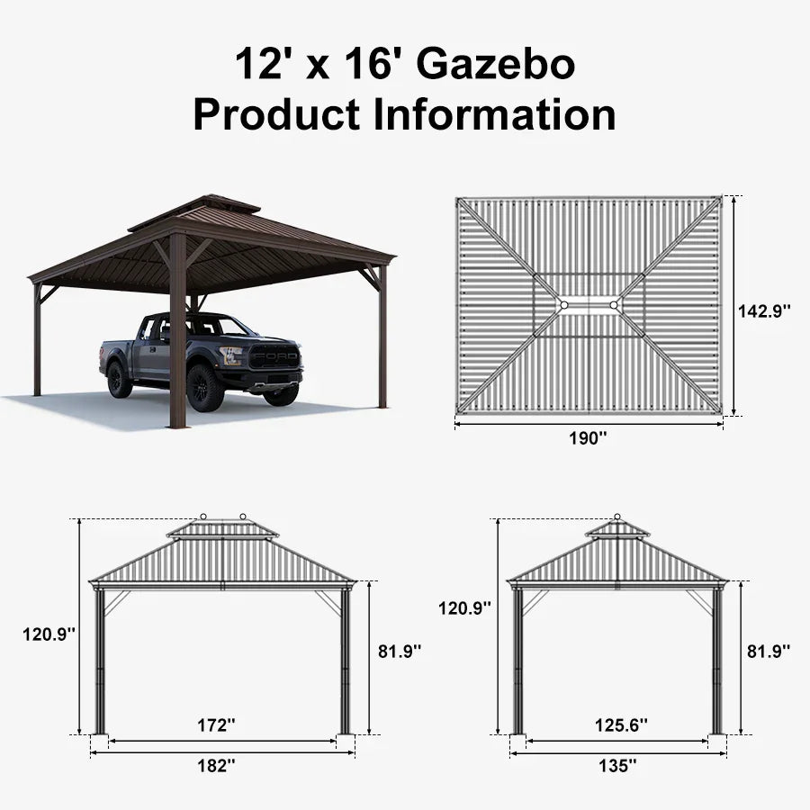 Outdoor Metal Carport Gazebo Bronze Steel Roof Aluminum Frame Shelter for Parking 12' x 16'