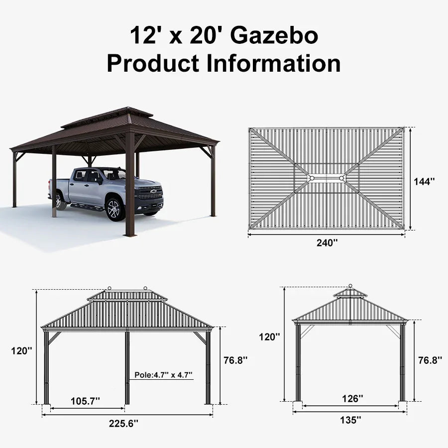 Outdoor Metal Carport Gazebo Bronze Steel Roof Aluminum Frame Shelter for Parking 12' x 20'