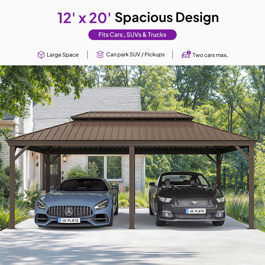 Outdoor Metal Carport Gazebo Bronze Steel Roof Aluminum Frame Shelter for Parking 12' x 20'