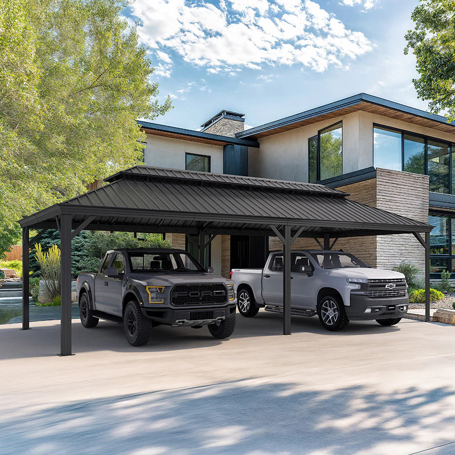 Outdoor Metal Carport with Grey Steel Roof and Aluminum Frame Protective Shelter 12' x 26'