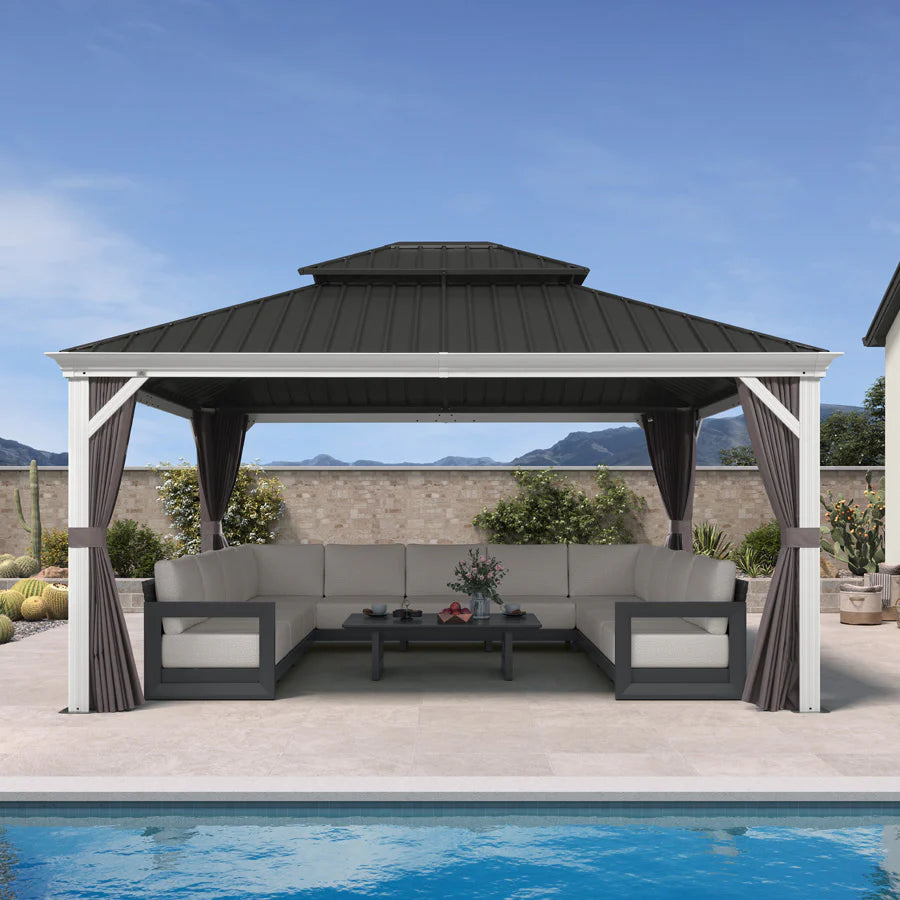 White Gazebo for Modern Patio Double Galvanized Steel Roof Awning and Upgrade Curtain 13' x 15'