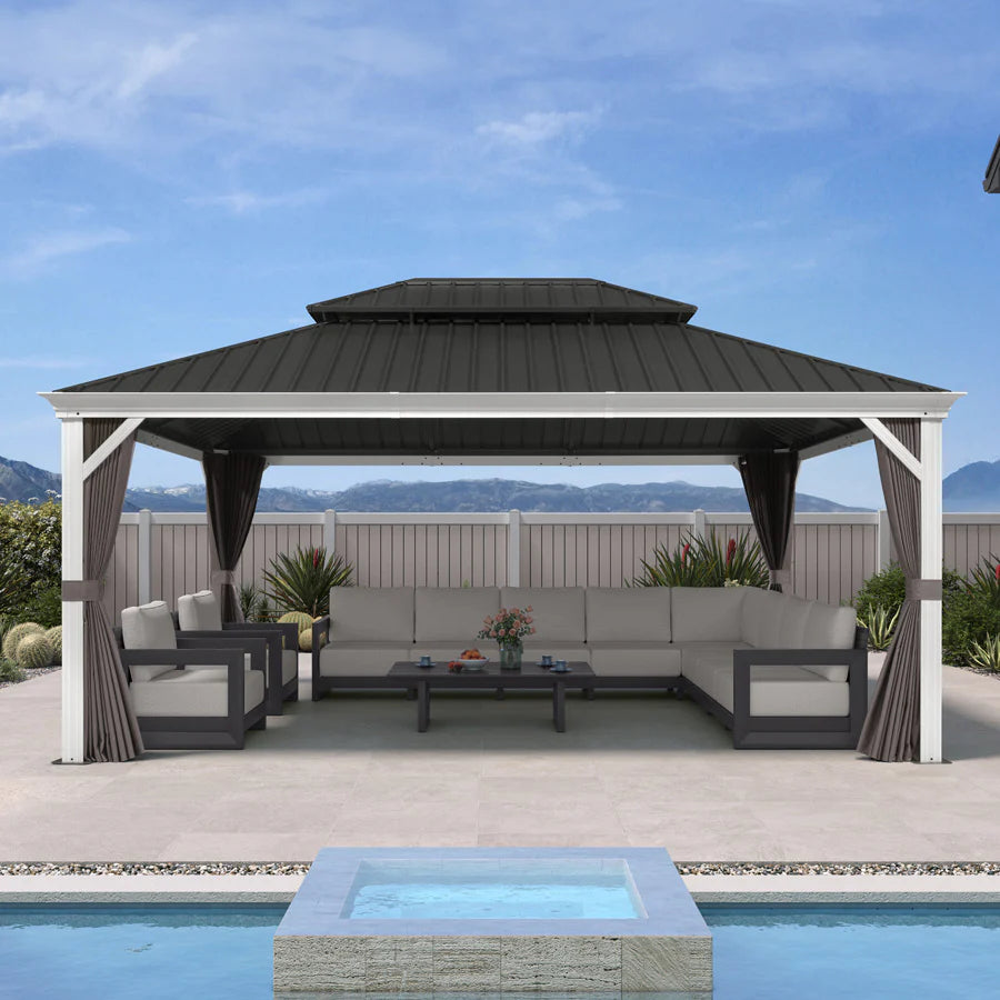 White Gazebo for Modern Patio Double Galvanized Steel Roof Awning and Upgrade Curtain 13' x 17'