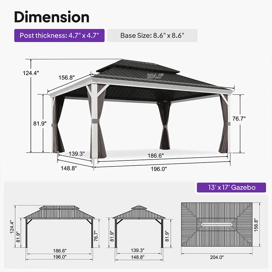 White Gazebo for Modern Patio Double Galvanized Steel Roof Awning and Upgrade Curtain 13' x 17'