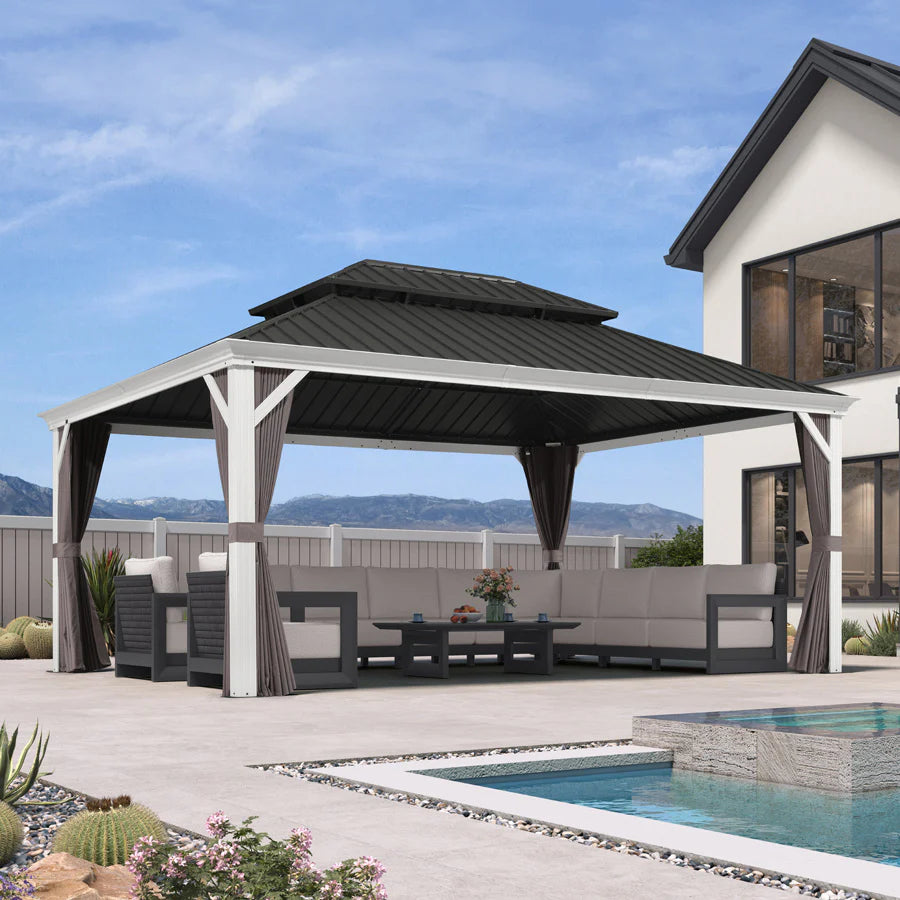 White Gazebo for Modern Patio Double Galvanized Steel Roof Awning and Upgrade Curtain 13' x 17'