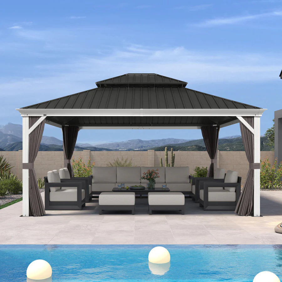 White Gazebo for Modern Patio Double Galvanized Steel Roof Awning and Upgrade Curtain 14' x 16'