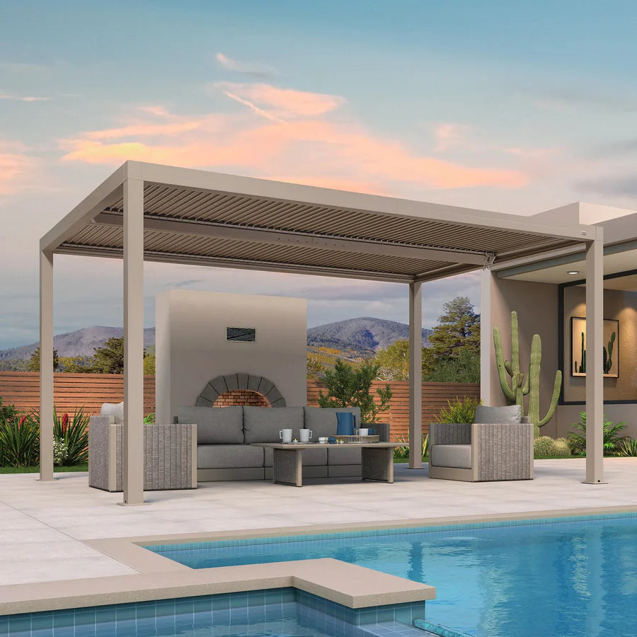 Modern Champagne Pergola with Adjustable Roof for Deck Backyard Garden 10' x 15'