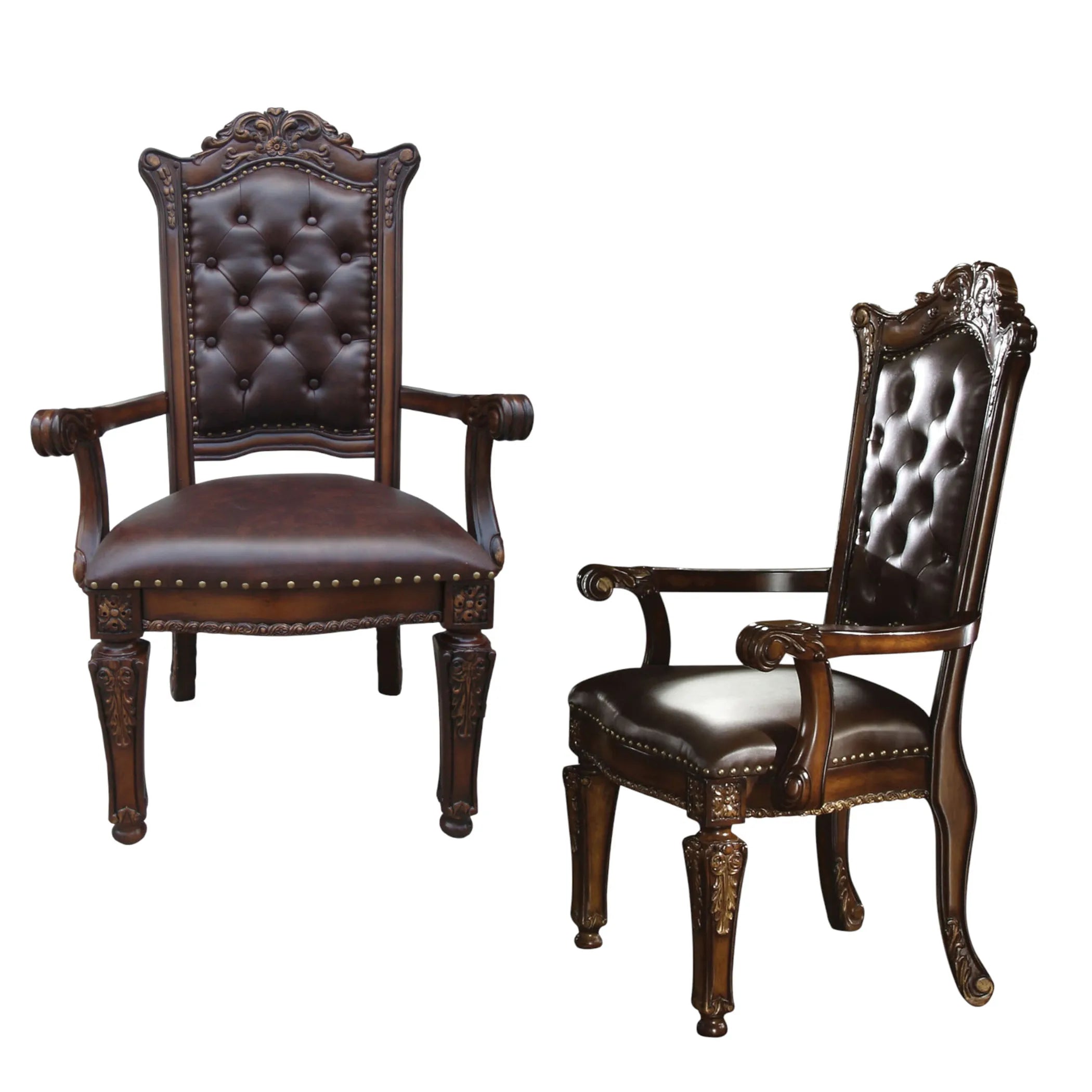 Set of Two Upholstered Faux Leather And Solid Wood Dining Arm Chairs