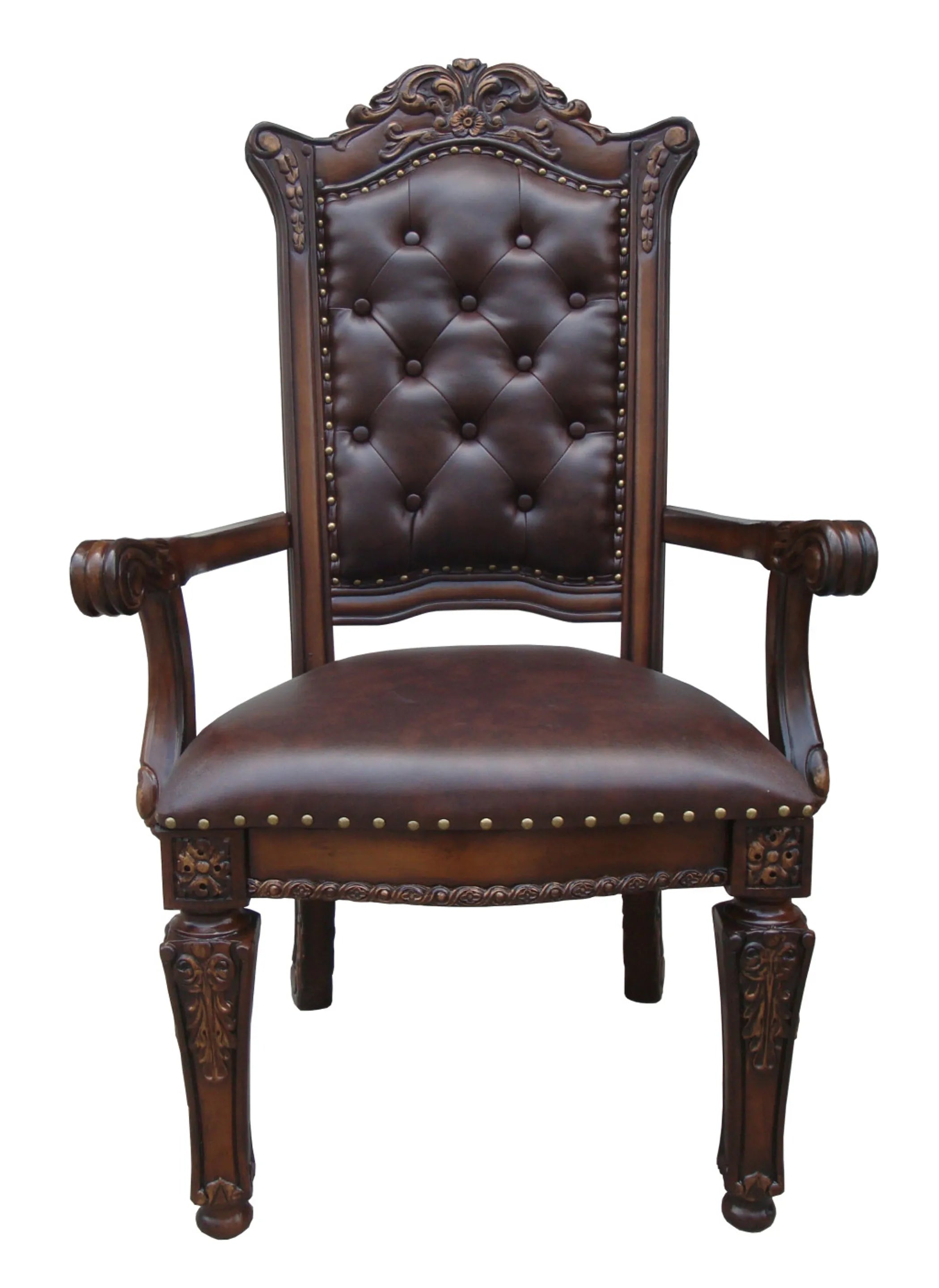 Set of Two Upholstered Faux Leather And Solid Wood Dining Arm Chairs