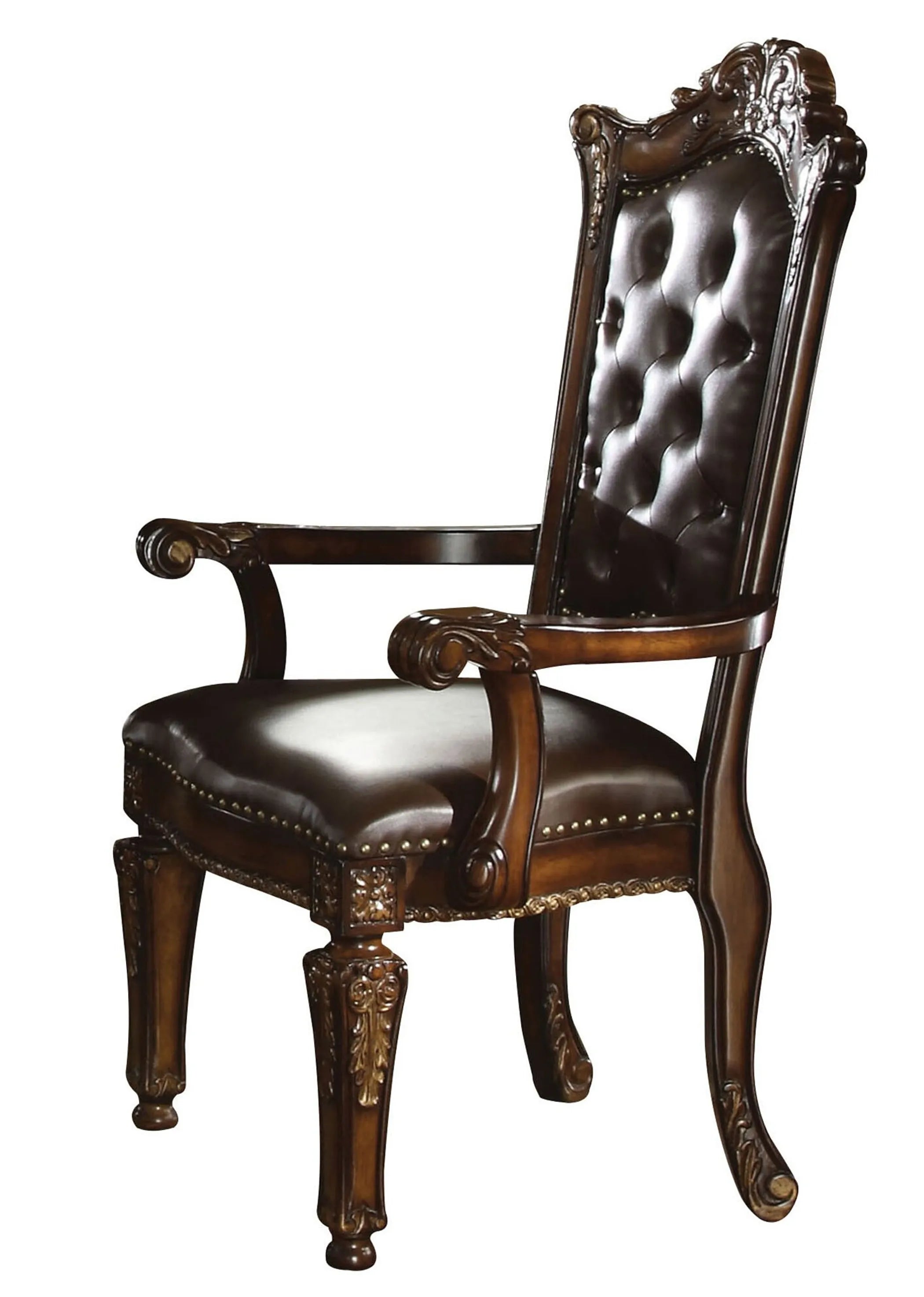 Set of Two Upholstered Faux Leather And Solid Wood Dining Arm Chairs