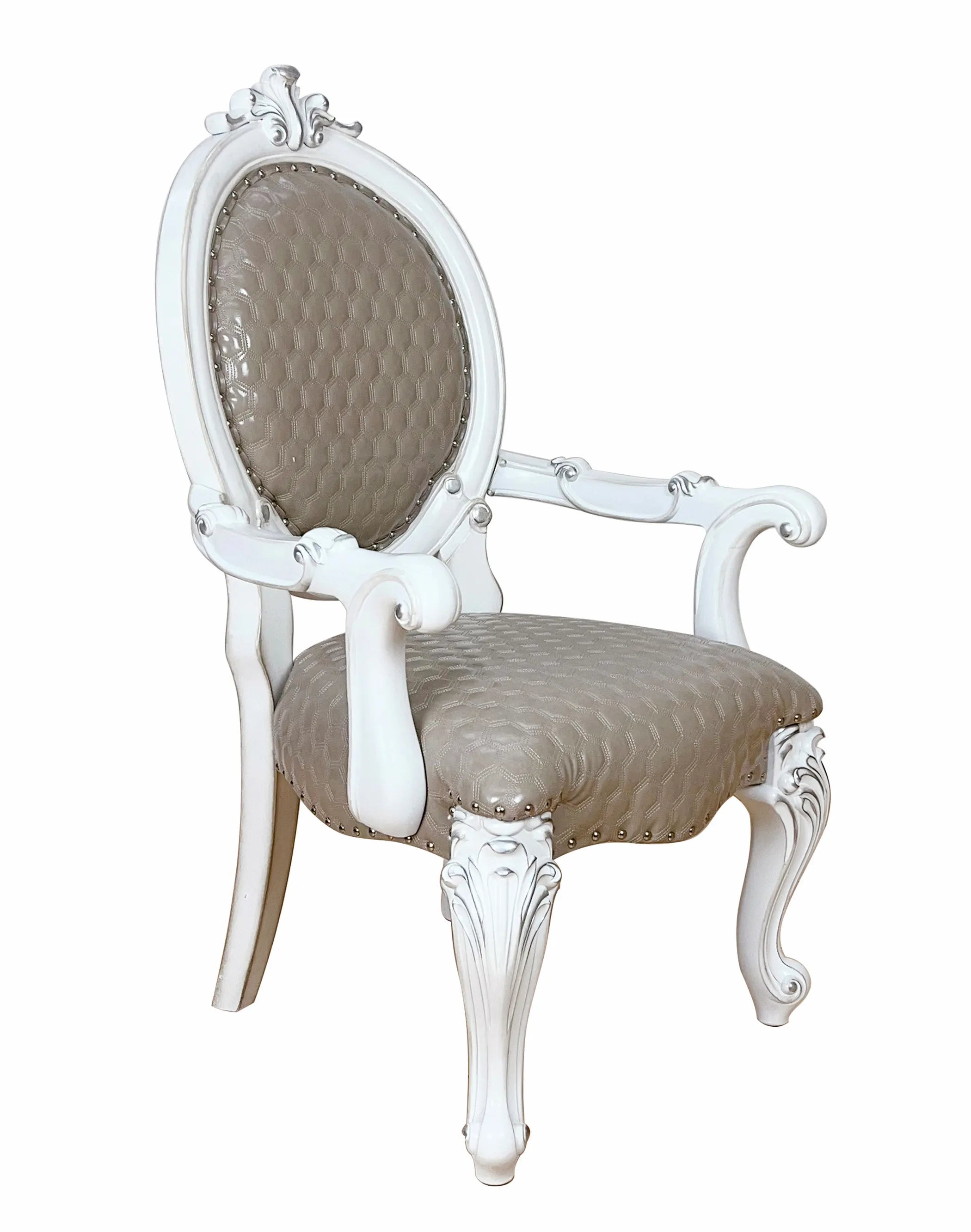 Set of Two Upholstered Faux Leather And Solid Wood King Louis Back Dining Arm Chairs