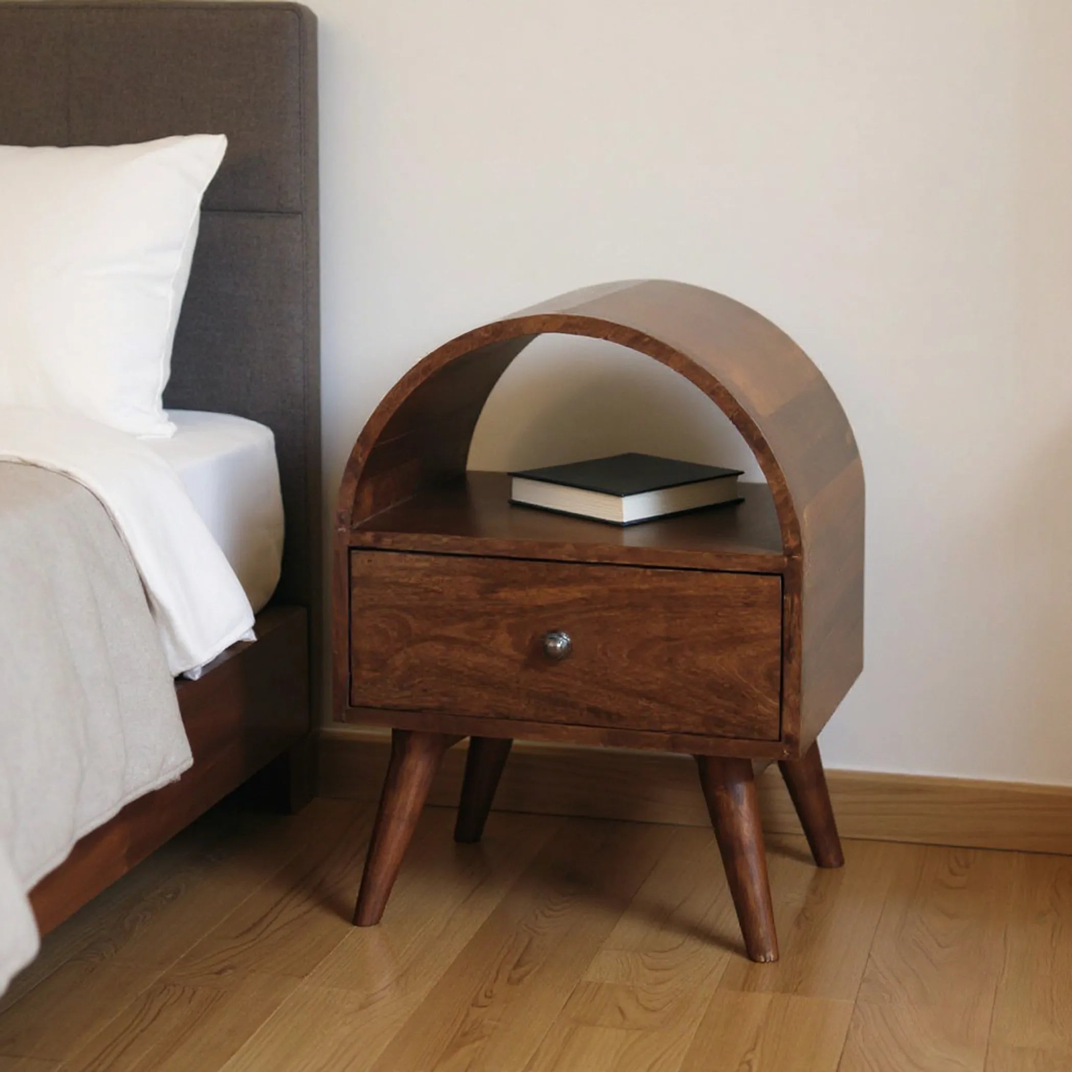 Chestnut Wood Oval Top One Drawer Nightstand