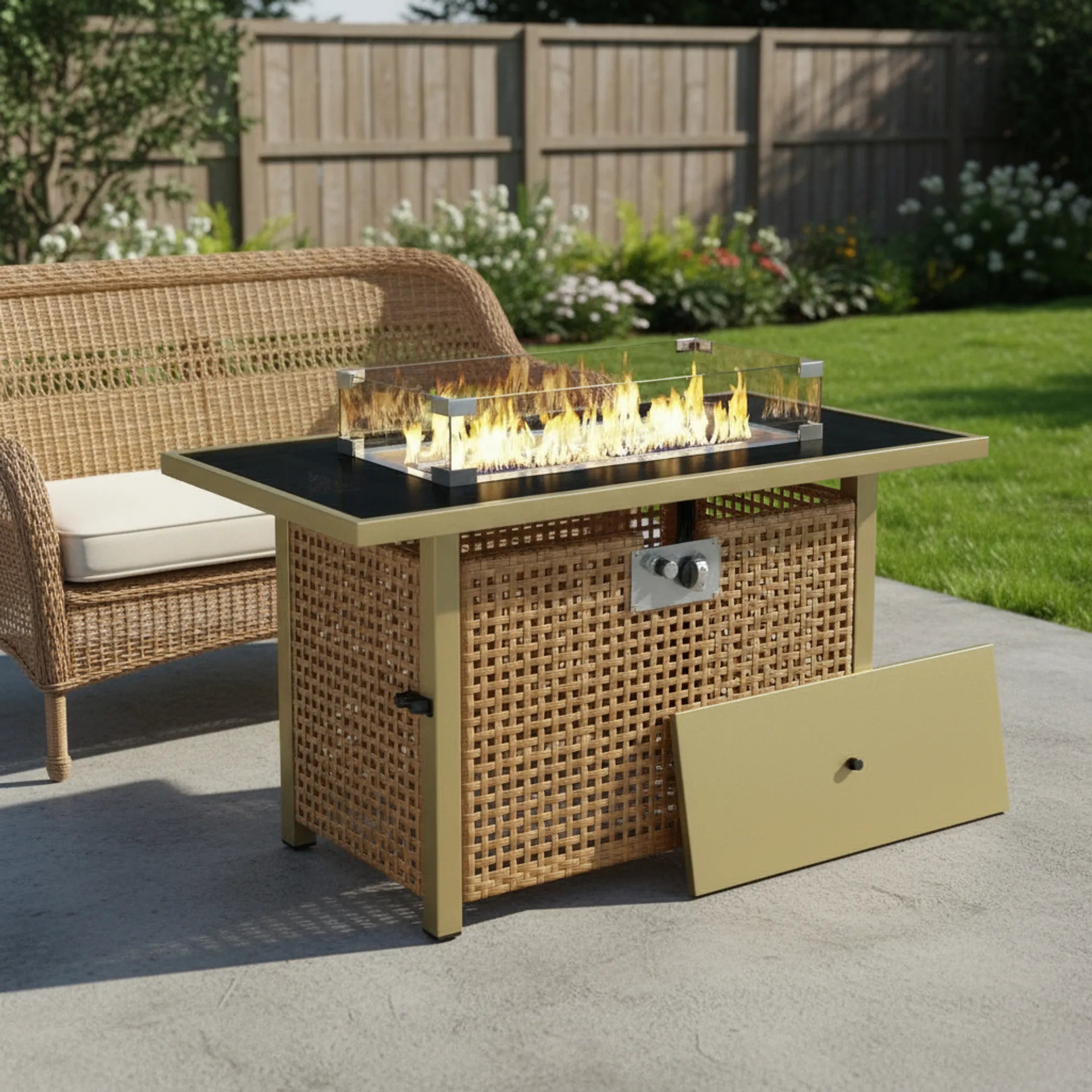 Steel Wicker Propane Fire Pit Table With Cover