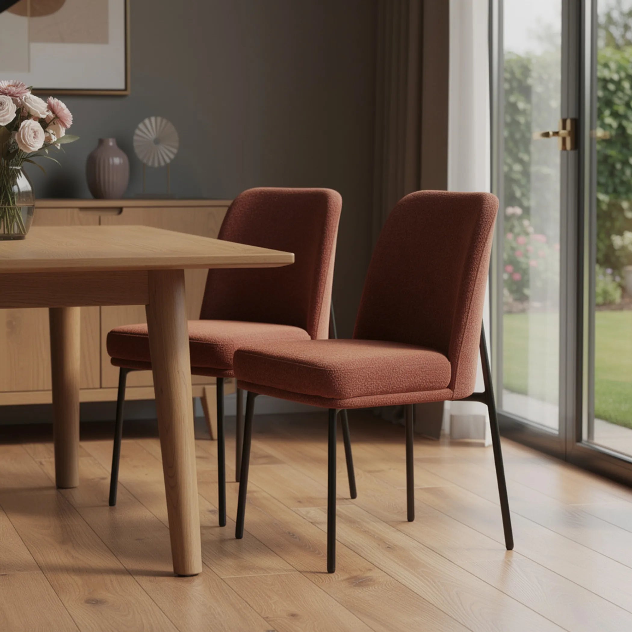 Burnt Boucle Wood Dining Side Chairs