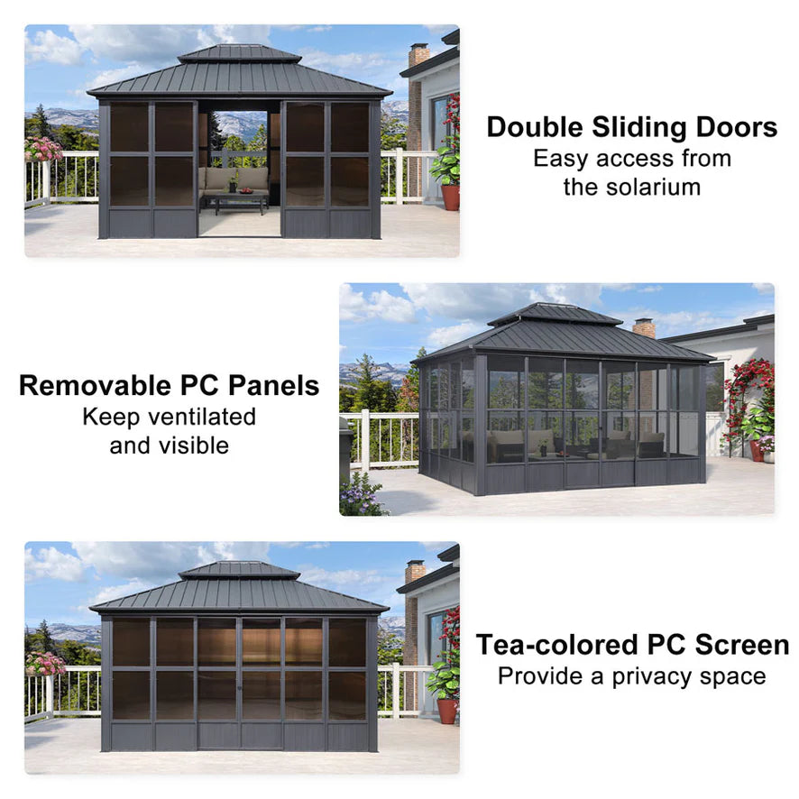 Sunroom Hardtop Gazebo Solarium Grey Galvanized Steel Double Roof All-Weather Aluminum Outdoor Screen House 12' x 16'