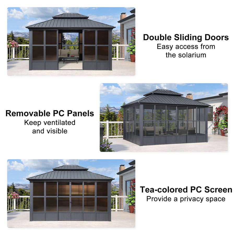 Sunroom Hardtop Gazebo Solarium Grey Galvanized Steel Double Roof All-Weather Aluminum Outdoor Screen House 10' x 15'