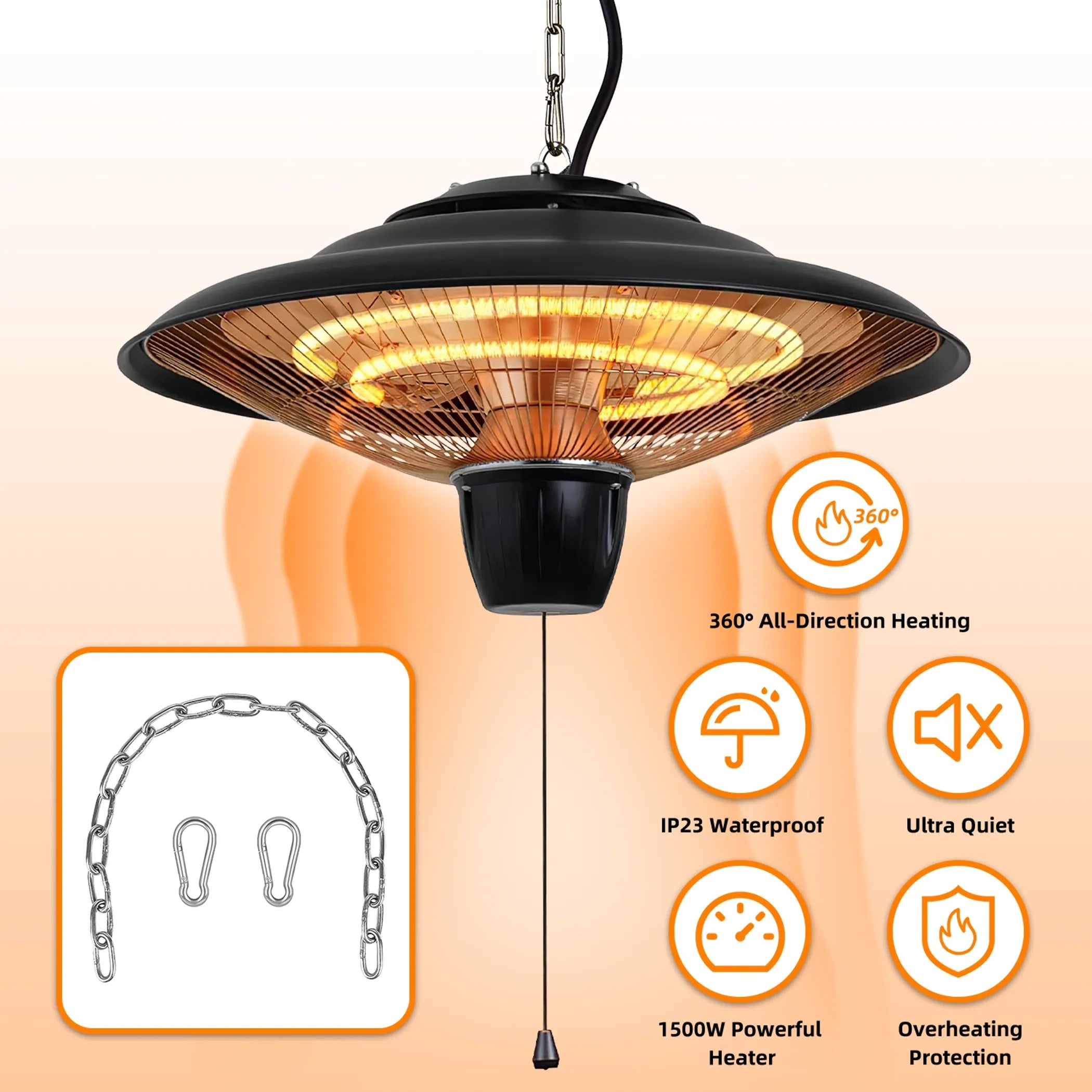 1500W Outdoor Hanging Patio Heater Ultra-Quiet Electric Heating Lamp