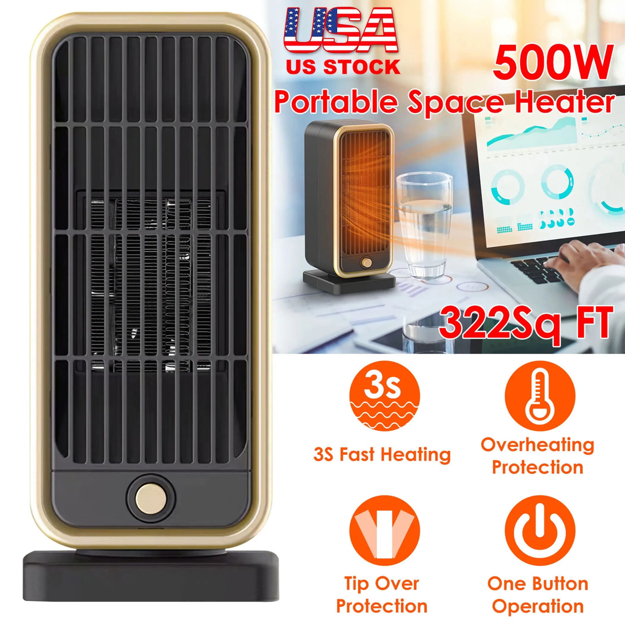 500W Portable Electric Heater PTC Ceramic Heating Space Heater