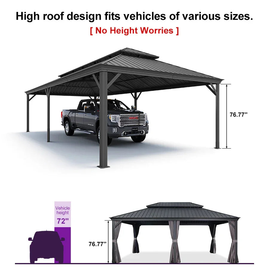 Outdoor Metal Carport with Grey Steel Roof and Aluminum Frame Protective Shelter 12' x 24'