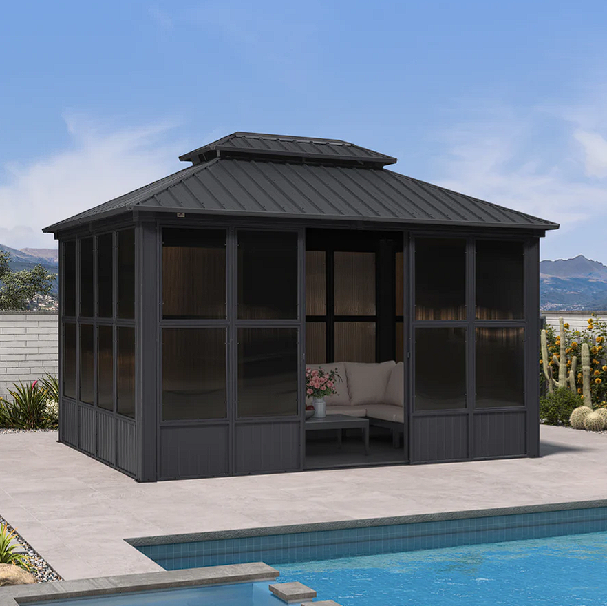 Sunroom Hardtop Gazebo Solarium Grey Galvanized Steel Double Roof All-Weather Aluminum Outdoor Screen House 10' x 13'
