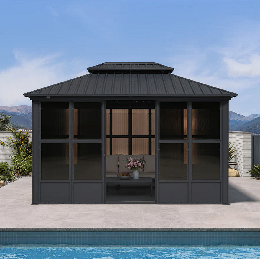Sunroom Hardtop Gazebo Solarium Grey Galvanized Steel Double Roof All-Weather Aluminum Outdoor Screen House 10' x 13'