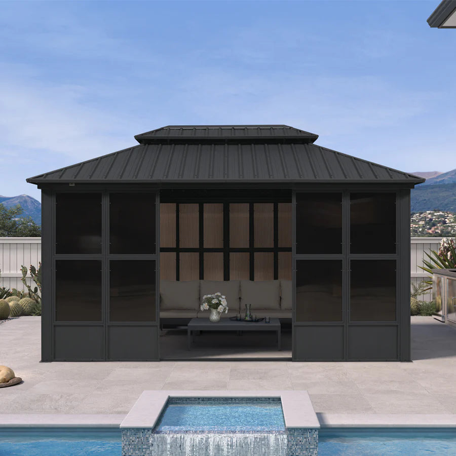 Sunroom Hardtop Gazebo Solarium Grey Galvanized Steel Double Roof All-Weather Aluminum Outdoor Screen House 10' x 15'