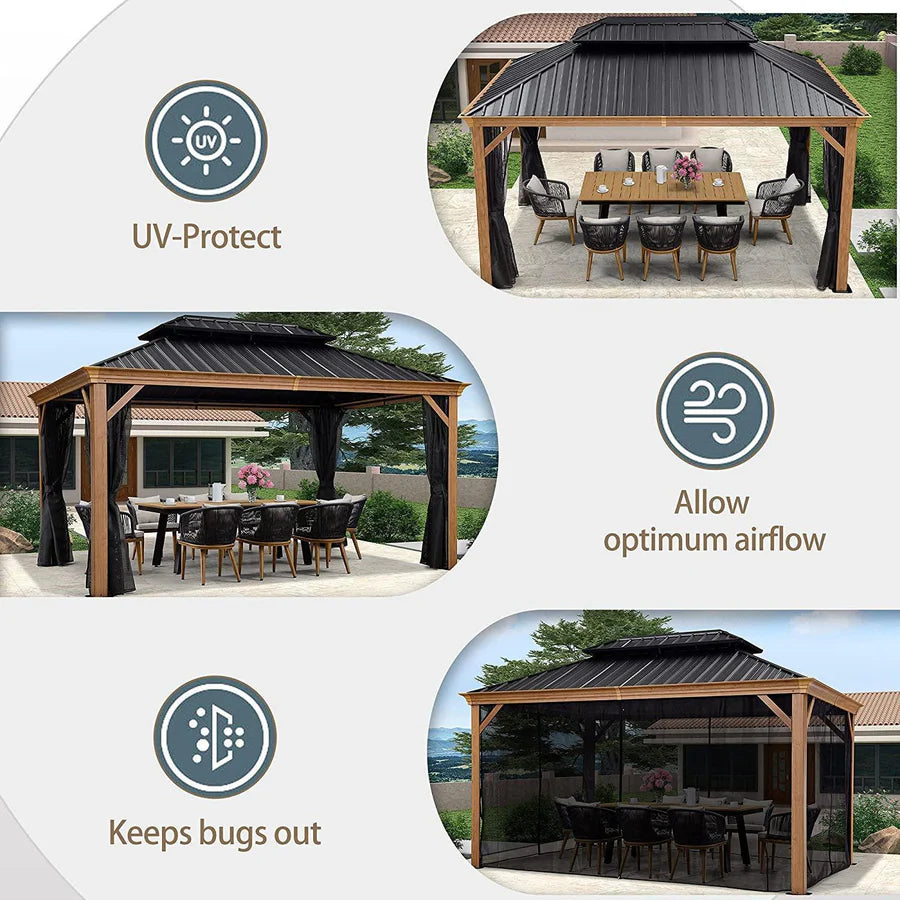 Hardtop Gazebo for Patio Wood Grain Galvanized Steel Frame Awning with Netting 10' x 12'