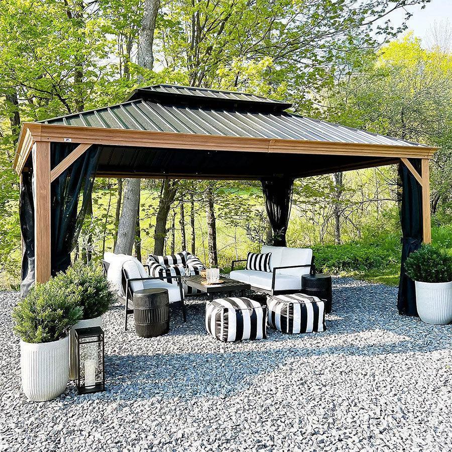 Hardtop Gazebo for Patio Wood Grain Galvanized Steel Frame Awning with Netting 10' x 16'