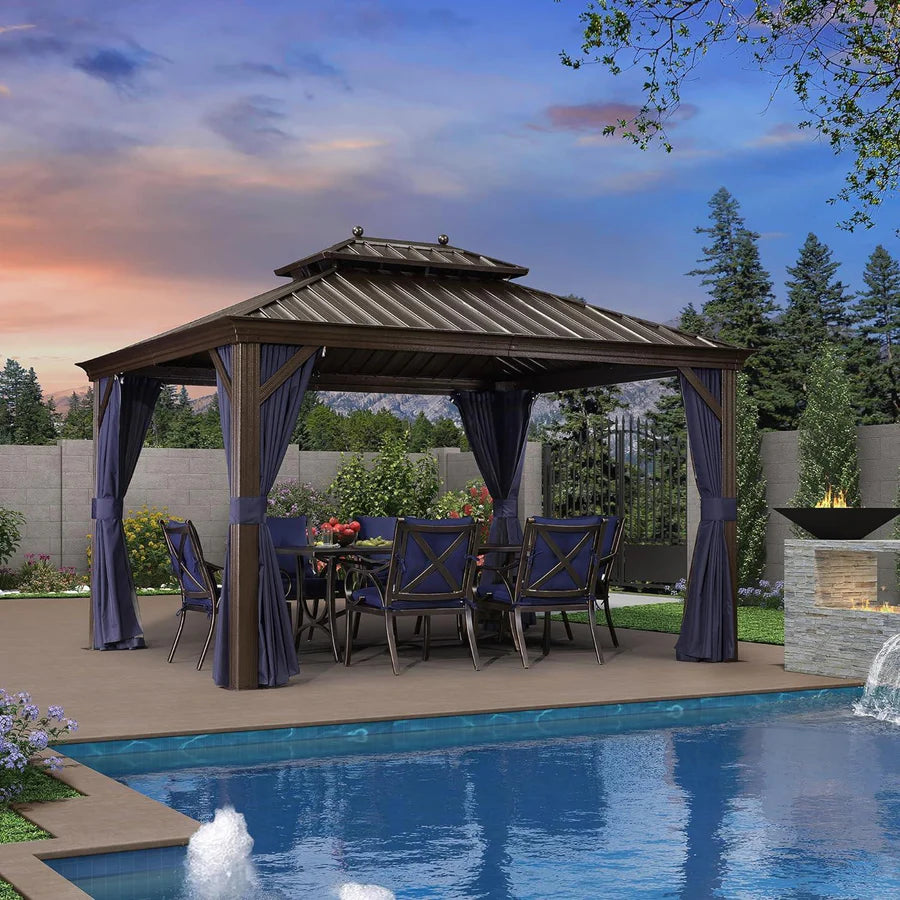 Outdoor Hardtop Gazebo for Patio Bronze Aluminum Frame Pavilion with Navy-Blue Curtain 10' x 12'