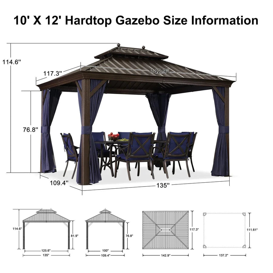Outdoor Hardtop Gazebo for Patio Bronze Aluminum Frame Pavilion with Navy-Blue Curtain 10' x 12'