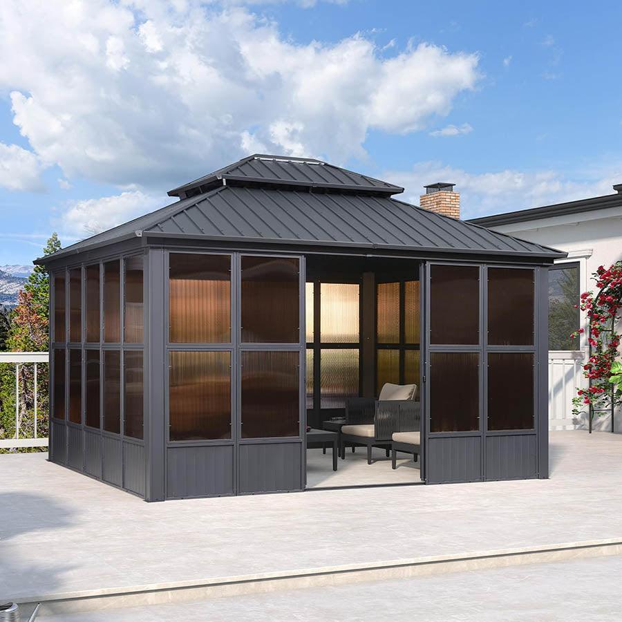 Sunroom Hardtop Gazebo Solarium Grey Galvanized Steel Double Roof All-Weather Aluminum Outdoor Screen House 12' x 14'