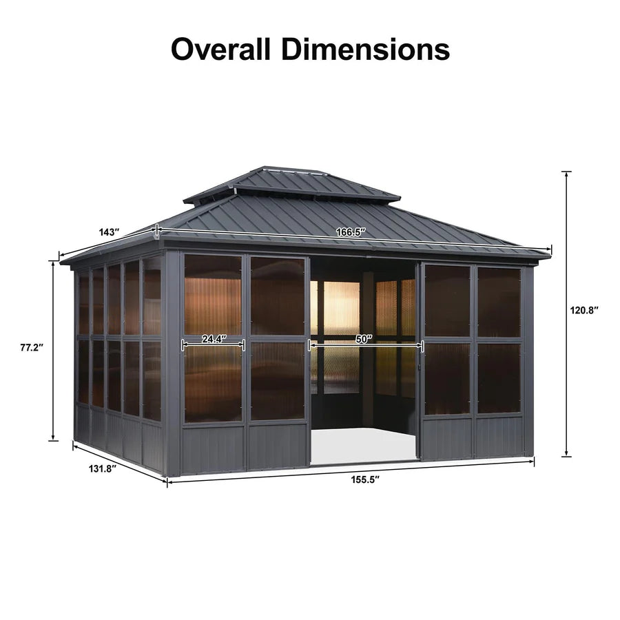 Sunroom Hardtop Gazebo Solarium Grey Galvanized Steel Double Roof All-Weather Aluminum Outdoor Screen House 12' x 14'