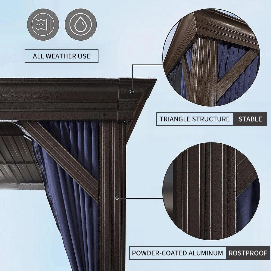 Outdoor Hardtop Gazebo for Patio Bronze Aluminum Frame Pavilion with Navy-Blue Curtain 10' x 12'